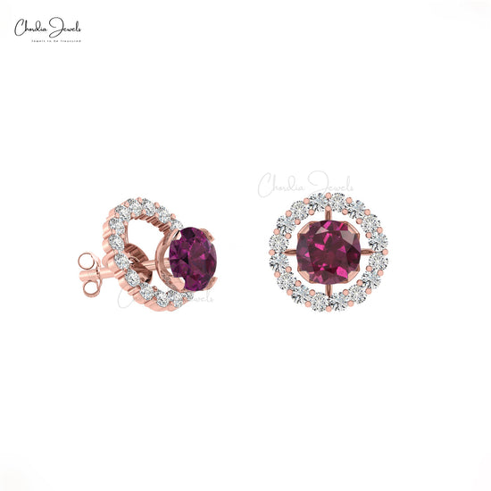 Natural Rhodolite Garnet and G-H Diamond 14K Gold Halo Earrings