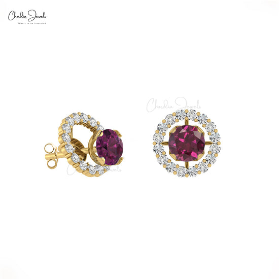 Natural Rhodolite Garnet and G-H Diamond 14K Gold Halo Earrings