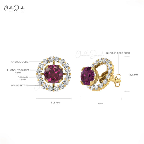 Natural Rhodolite Garnet and G-H Diamond 14K Gold Halo Earrings