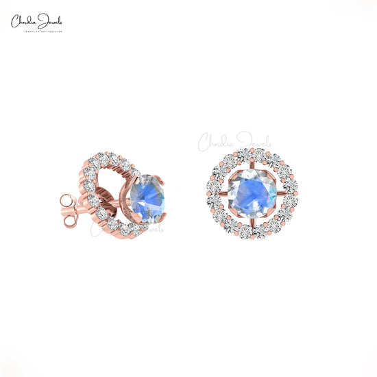 Authentic Rainbow Moonstone & G-H Diamond Halo Earring 14k Gold Detachable Stud for Women