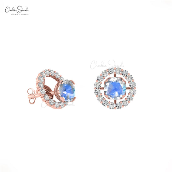Load image into Gallery viewer, Authentic Rainbow Moonstone &amp;amp; G-H Diamond Halo Earring 14k Gold Detachable Stud for Women
