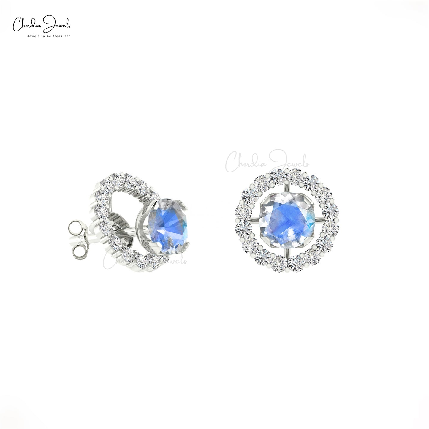 Authentic Rainbow Moonstone & G-H Diamond Halo Earring 14k Gold Detachable Stud for Women