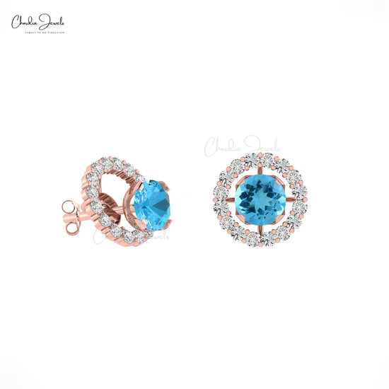 Load image into Gallery viewer, G-H Diamond &amp;amp; Natural Swiss Blue Topaz Detachable Halo Earrings in 14K Gold for Her
