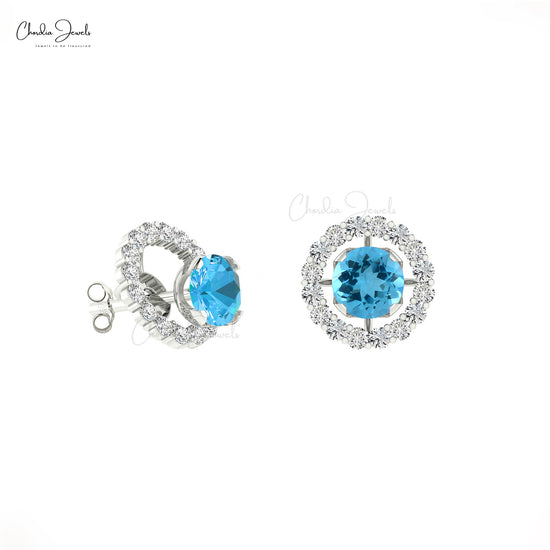 G-H Diamond & Natural Swiss Blue Topaz Detachable Halo Earrings in 14K Gold for Her