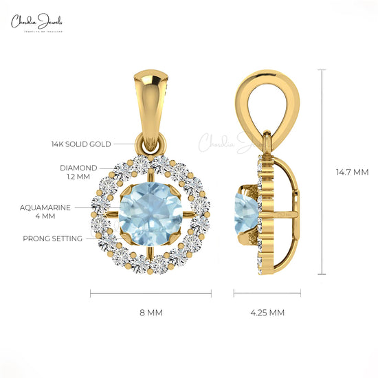 March Birthstone Aquamarine White Diamond Halo Pendant in 14K Solid Gold for Her