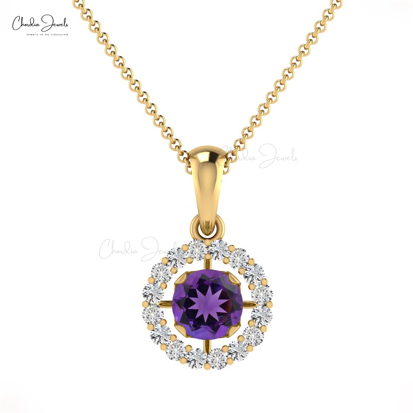 Brilliant Cut Halo Pendant in 14k Real Gold With 4mm Amethyst Gemstone Diamond Necklace