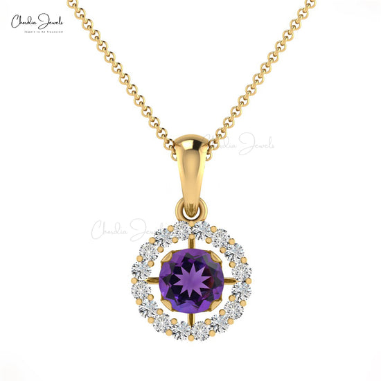 Natural Amethyst Pendant, 14k Solid Gold Diamond Pendant, 4mm Round Gemstone February Pendant Gift for Women's