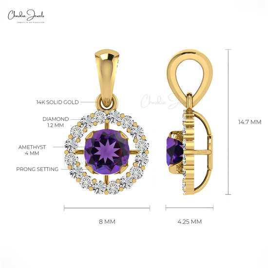 Load image into Gallery viewer, Natural Amethyst Pendant, 14k Solid Gold Diamond Pendant, 4mm Round Gemstone February Pendant Gift for Women&amp;#39;s
