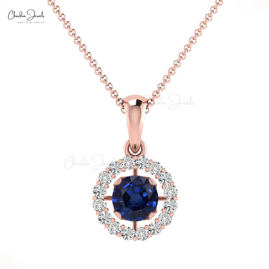 Halo Gemstone Pendant in 14k Solid Gold Blue Sapphire ANd Diamond Hallmarked Pendant