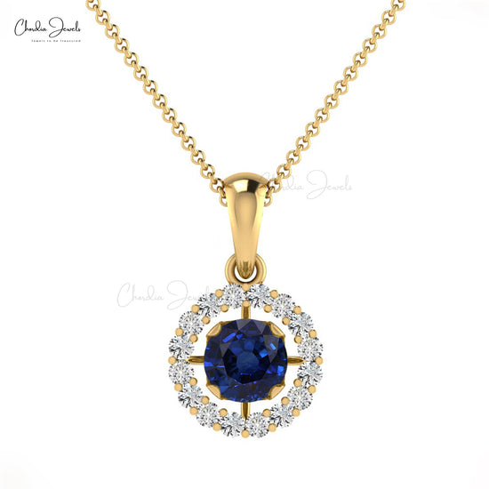Load image into Gallery viewer, Natural Blue Sapphire Solitaire Pendant, 14k Solid Gold Diamond Halo Pendant, 1.2mm Round Diamond Handmade Pendant, Wedding Gift For Her
