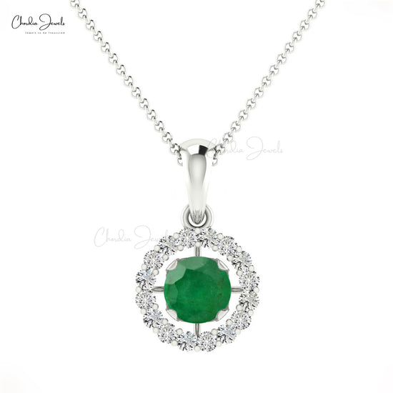 Women's Halo Pendant With Round Emerald & White Diamond 14k Solid Gold Birthstone Pendant