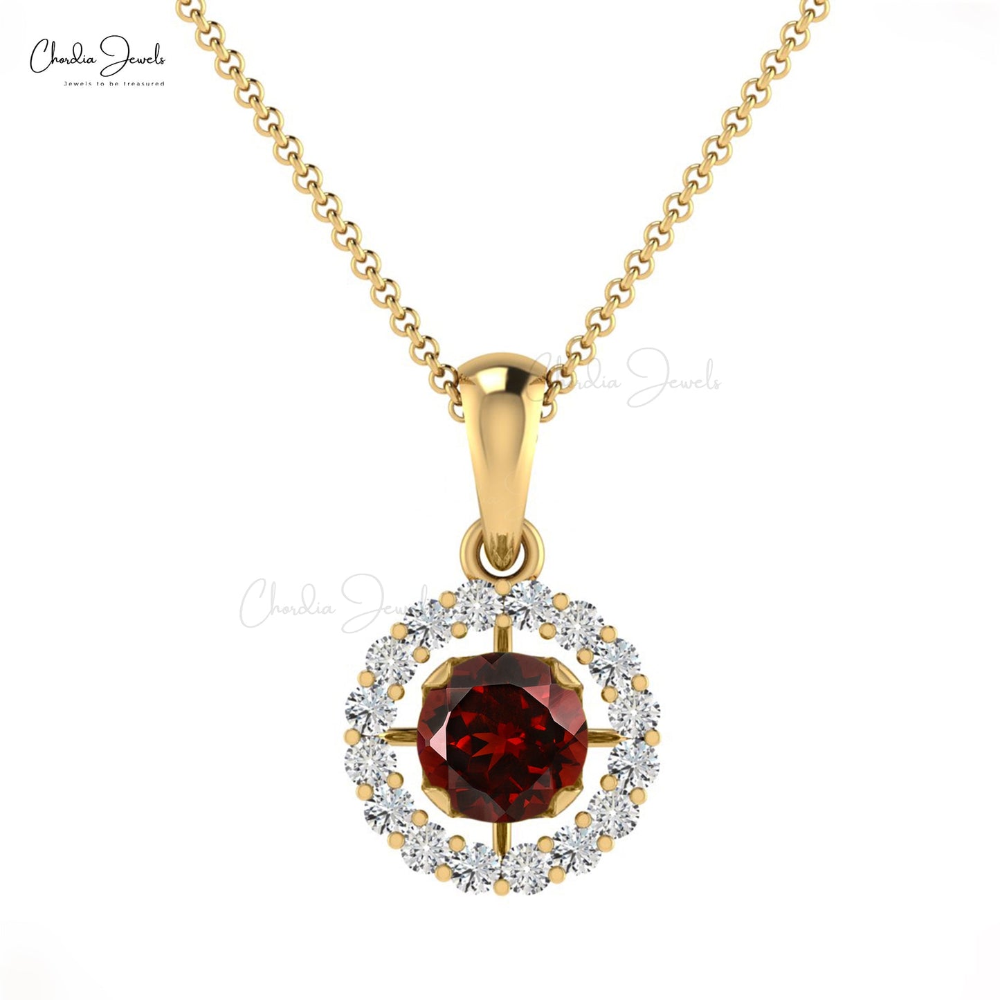 January Birthstone Round Cut Garnet and Diamond Halo Pendant in 14K Gold