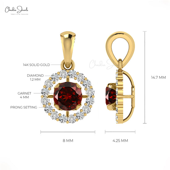 January Birthstone Round Cut Garnet and Diamond Halo Pendant in 14K Gold