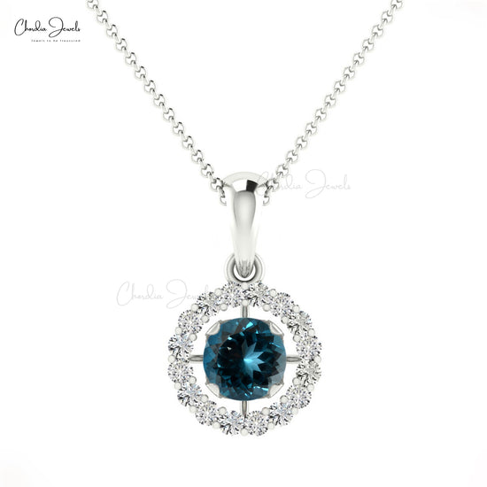 Classic Design Pure 14k Gold Natural White Diamond Halo Pendant Necklace December Birthstone London Blue Topaz Gemstone Pendant Gift For Her