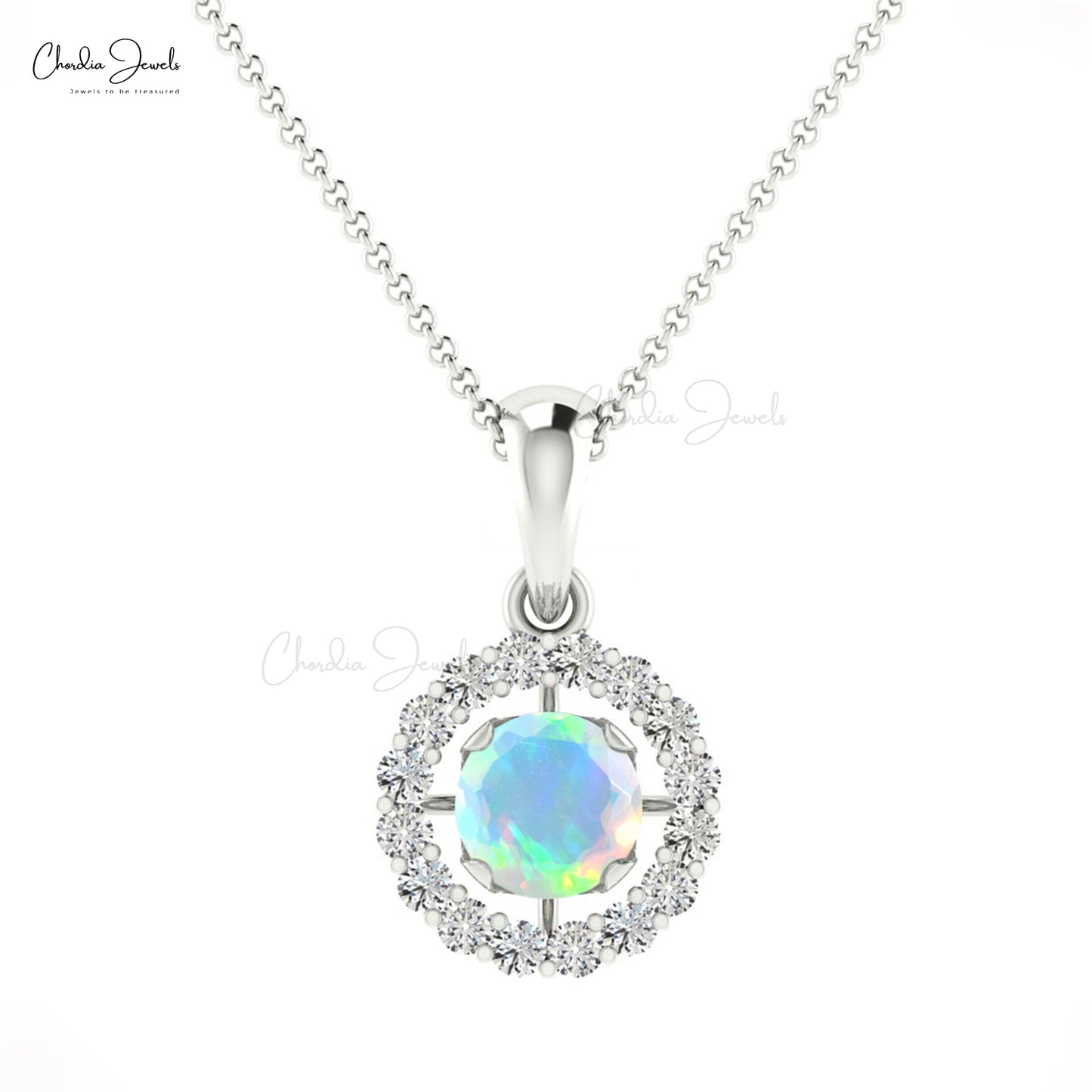 Brilliant Round Cut Prong Set Halo Pendant Necklace Natural Fire Opal and White Diamond Pendant in 14k Real Gold Engagement Gift For Her