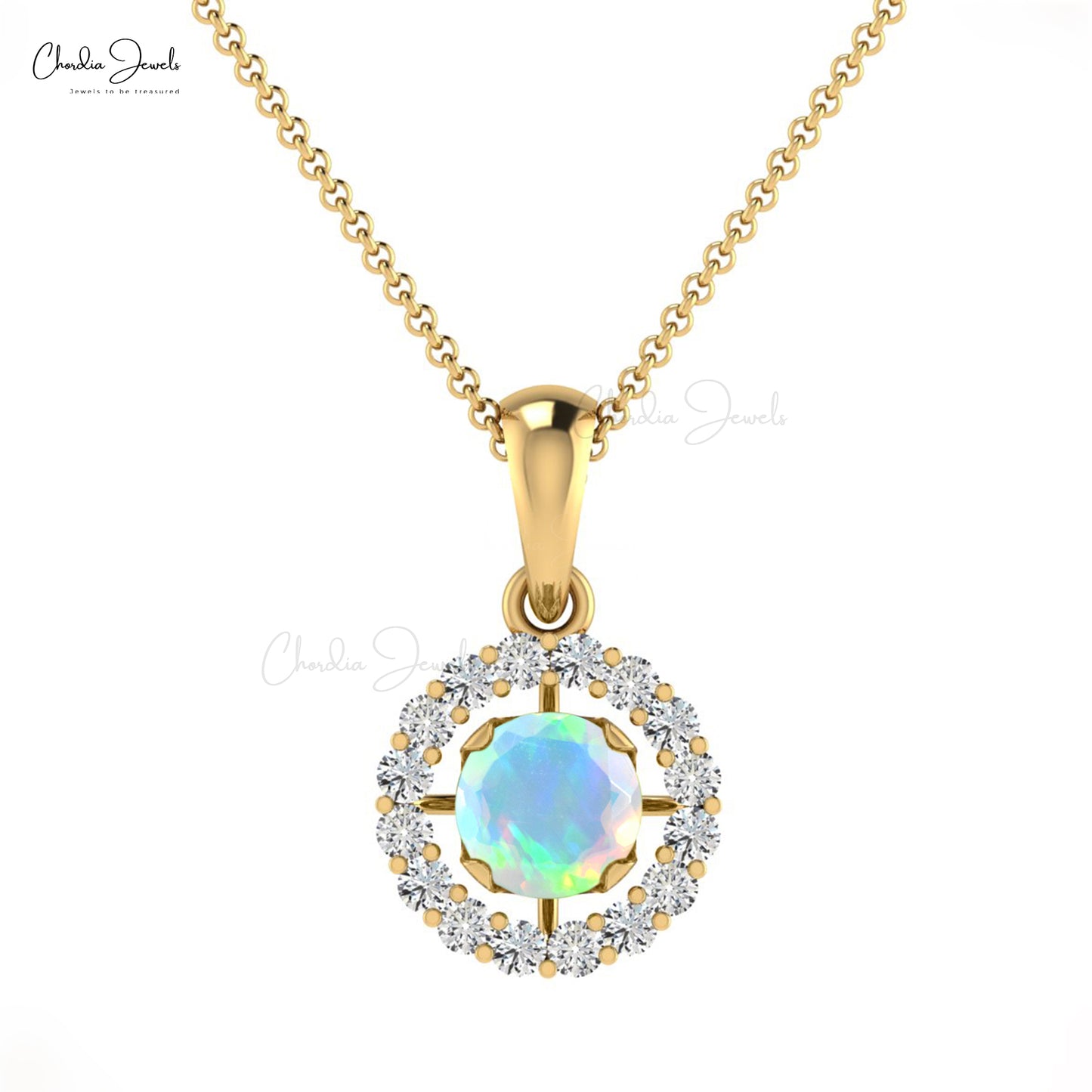 Brilliant Round Cut Prong Set Halo Pendant Necklace Natural Fire Opal and White Diamond Pendant in 14k Real Gold Engagement Gift For Her