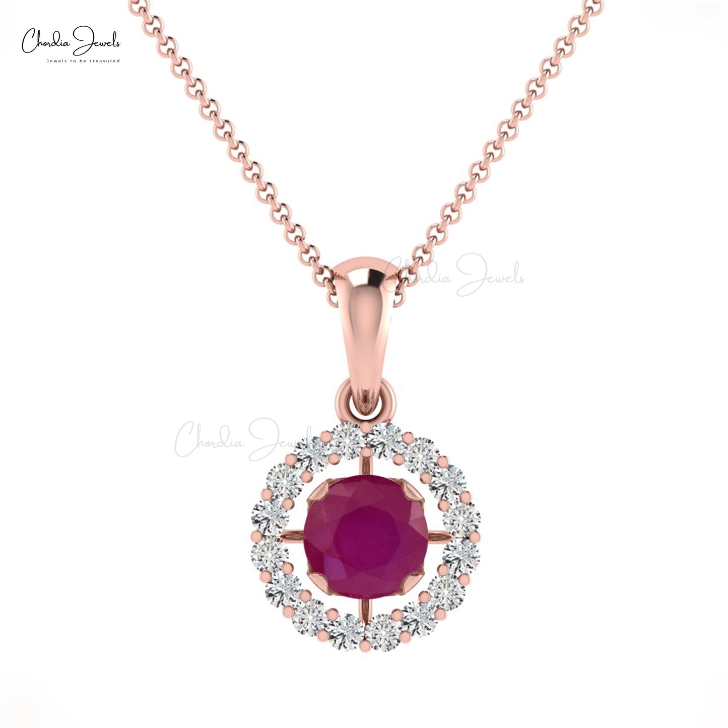 Natural July Birthstone Ruby and G-H Diamond Halo Pendant in 14k Gold