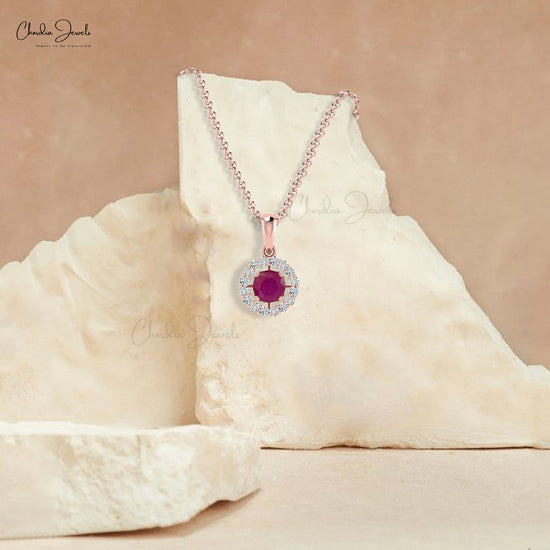 Natural July Birthstone Ruby and G-H Diamond Halo Pendant in 14k Gold