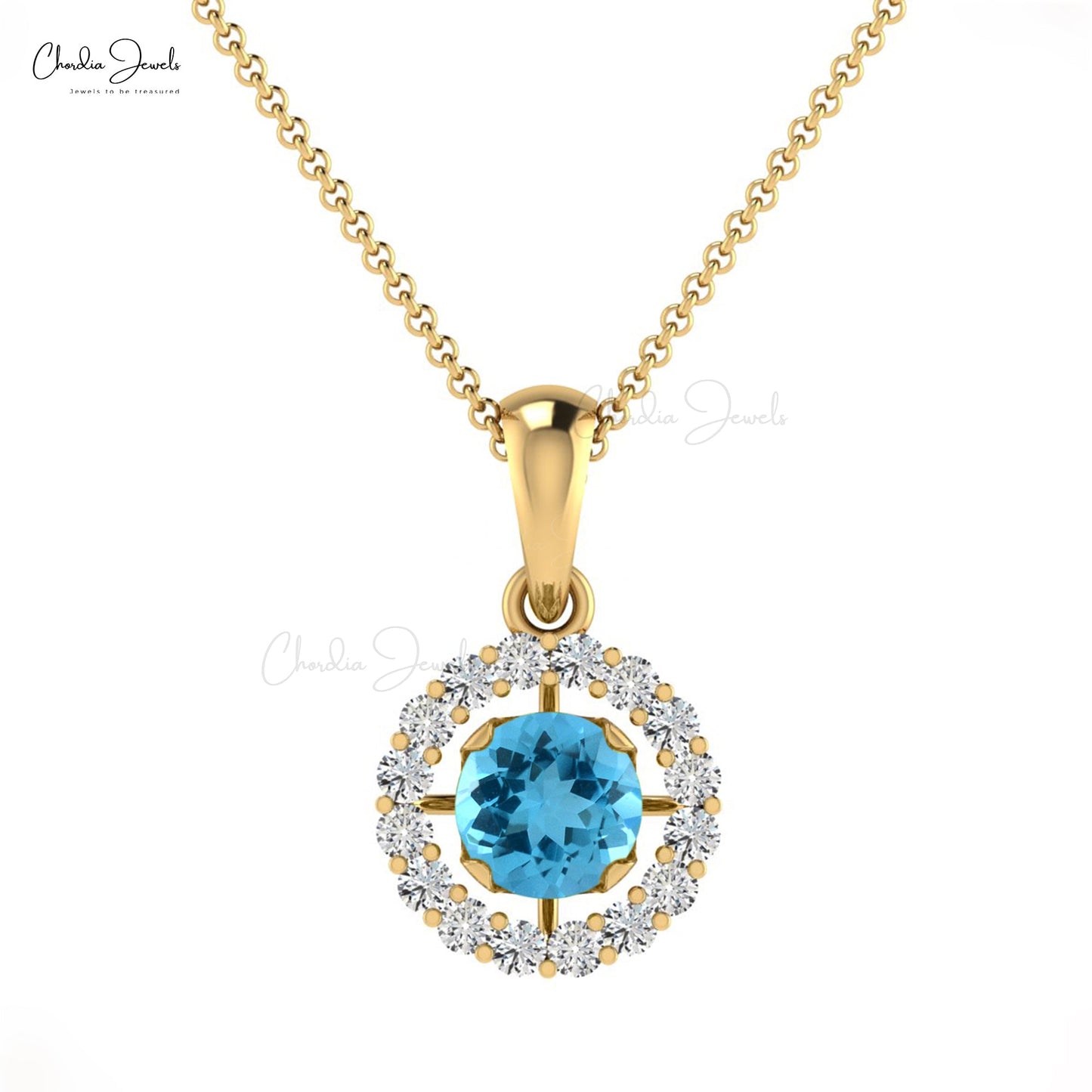 Precious Round Swiss Blue Topaz and Diamond 14K Gold Halo Pendant for Her