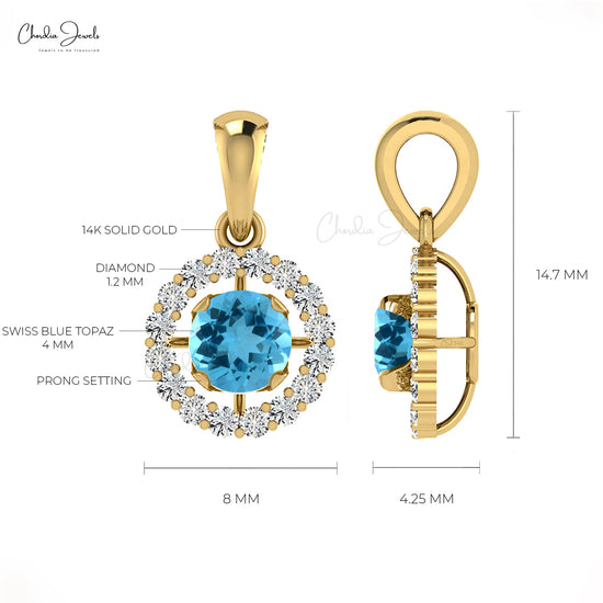 Precious Round Swiss Blue Topaz and Diamond 14K Gold Halo Pendant for Her
