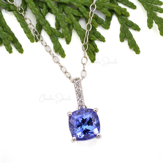 Natural Tanzanite Prong Set Dangling Pendant 6mm Cushion Cut December Birthstone Pendant 14k Solid White Gold Diamond Hallmarked Jewelry