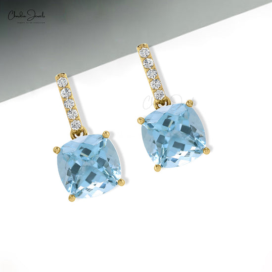 March Birthstone Aquamarine and Diamond 14K Solid Gold Dangler Earrings