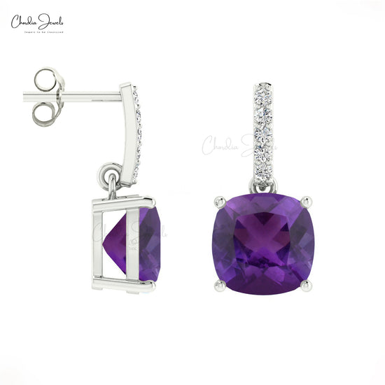 Cushion-Cut Amethyst Diamond Dangler Earrings 14K Solid Gold 