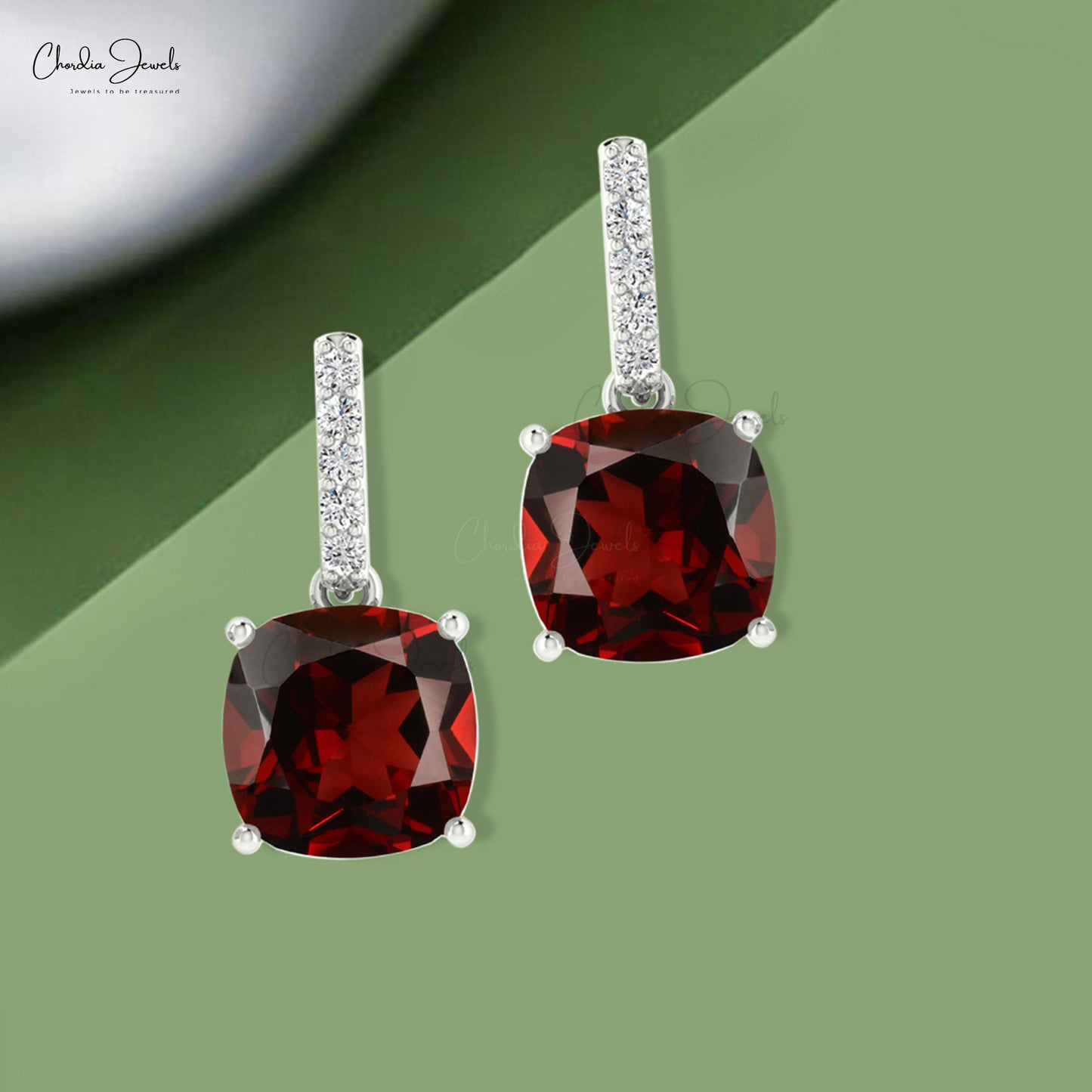 January Birthstone Genuine Cushion Garnet And Diamond Dangler Earrings