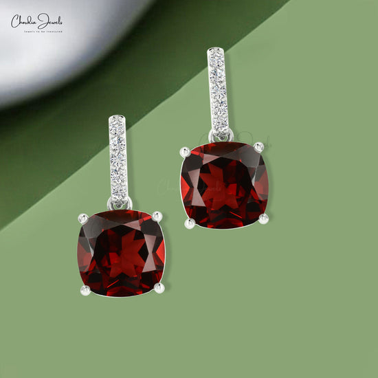 January Birthstone Genuine Cushion Garnet And Diamond Dangler Earrings