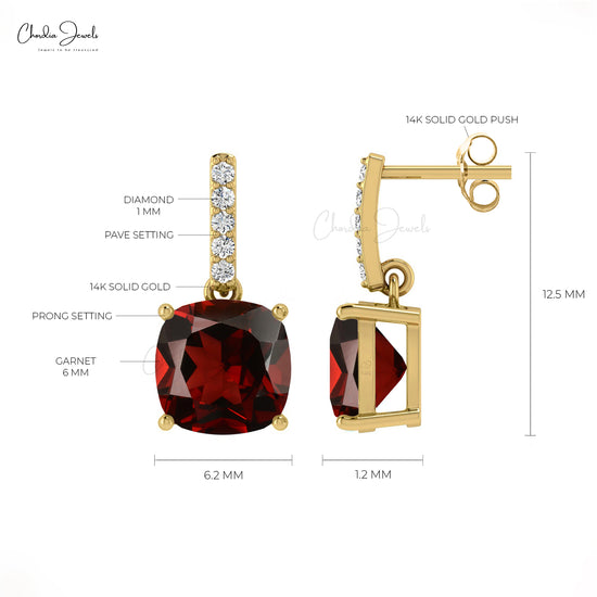 January Birthstone Genuine Cushion Garnet And Diamond Dangler Earrings