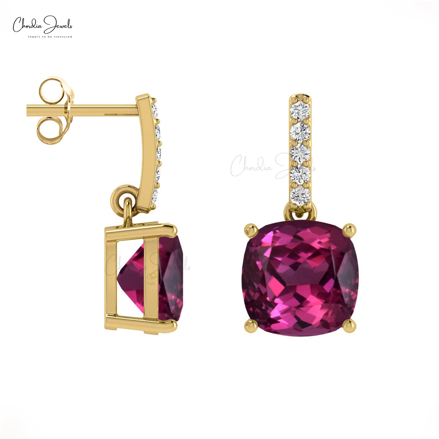 Rhodolite Garnet 14K Gold Dangler Earrings with G-H White Diamond