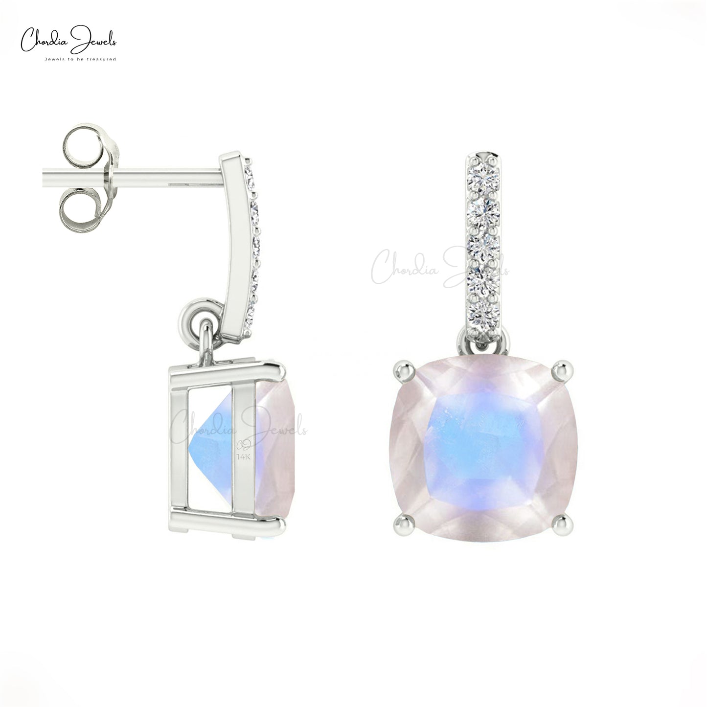 AAA Cushion Cut Rainbow Moonstone & Diamond 14K Gold Dangler Earrings June Birthstone