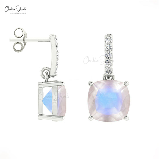 AAA Cushion Cut Rainbow Moonstone & Diamond 14K Gold Dangler Earrings June Birthstone