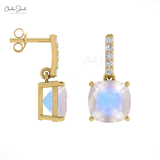 AAA Cushion Cut Rainbow Moonstone & Diamond 14K Gold Dangler Earrings June Birthstone