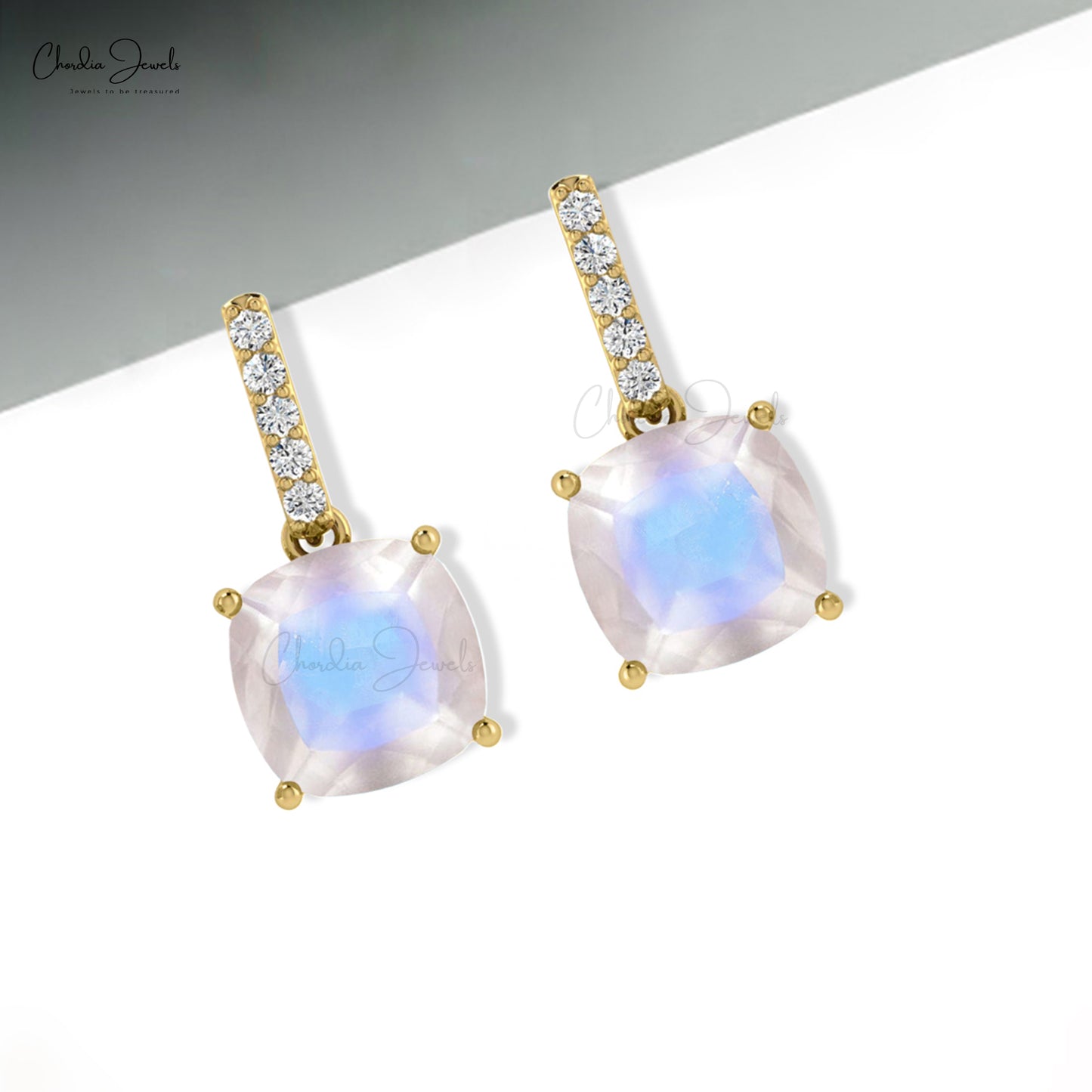 AAA Cushion Cut Rainbow Moonstone & Diamond 14K Gold Dangler Earrings June Birthstone