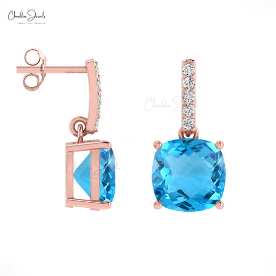Authentic Cushion Cut Swiss Blue Topaz and Diamond Dangler Earrings in 14K Gold