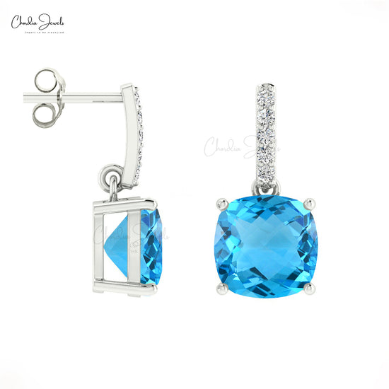 Authentic Cushion Cut Swiss Blue Topaz and Diamond Dangler Earrings in 14K Gold