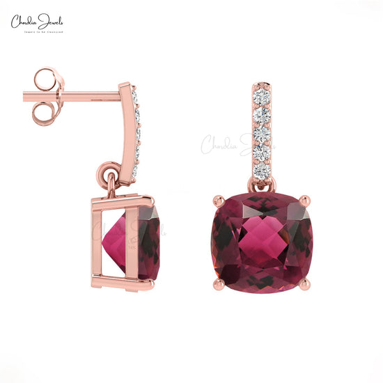 Natural 14K Gold Pink Tourmaline Diamond Dangler Earrings For Gift October Birthstone