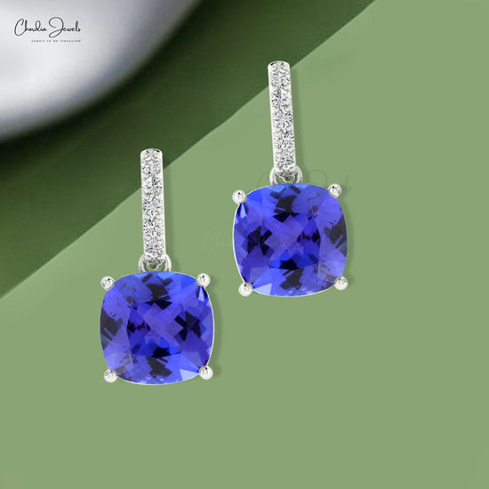 Load image into Gallery viewer, AAA Blue Tanzanite 6mm Cushion Cut Dangler Earrings Genuine 14k Real Gold Diamond Pave Set Earrings Minimalist Jewelry For Birthday Gift
