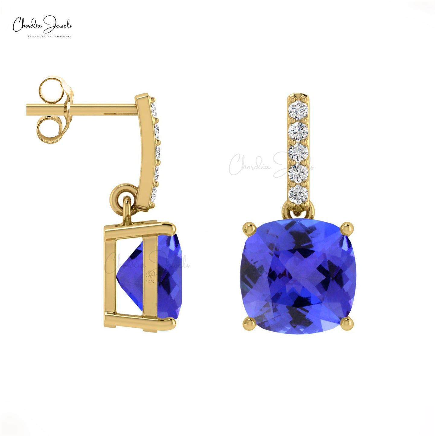 Load image into Gallery viewer, Natural Tanzanite Dangle Earrings in 14k Gold December Birthstone Cushion Cut Earrings
