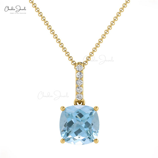 Dainty Aquamarine Pendant in 14k Gold with Real White Diamonds for Women