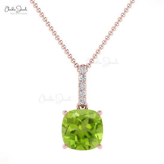 Trendy Vintage Cushion Shape Natural Green Peridot Dangling Pendant Necklace 14k Solid Gold White Diamond Charms Pendant Dainty Jewelry For Women