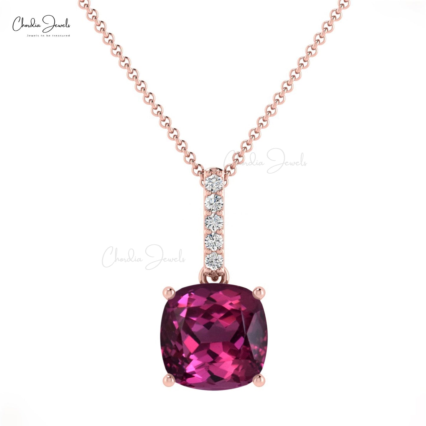 Fine Jewelry Rhodolite Garnet 14K Gold Pendant Necklace with I1-I2/G-H Diamonds