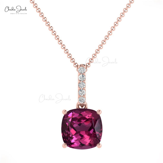 Fine Jewelry Rhodolite Garnet 14K Gold Pendant Necklace with I1-I2/G-H Diamonds
