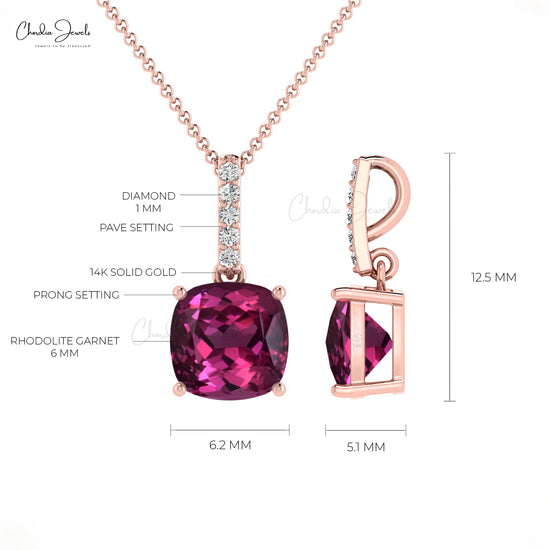 Fine Jewelry Rhodolite Garnet 14K Gold Pendant Necklace with I1-I2/G-H Diamonds