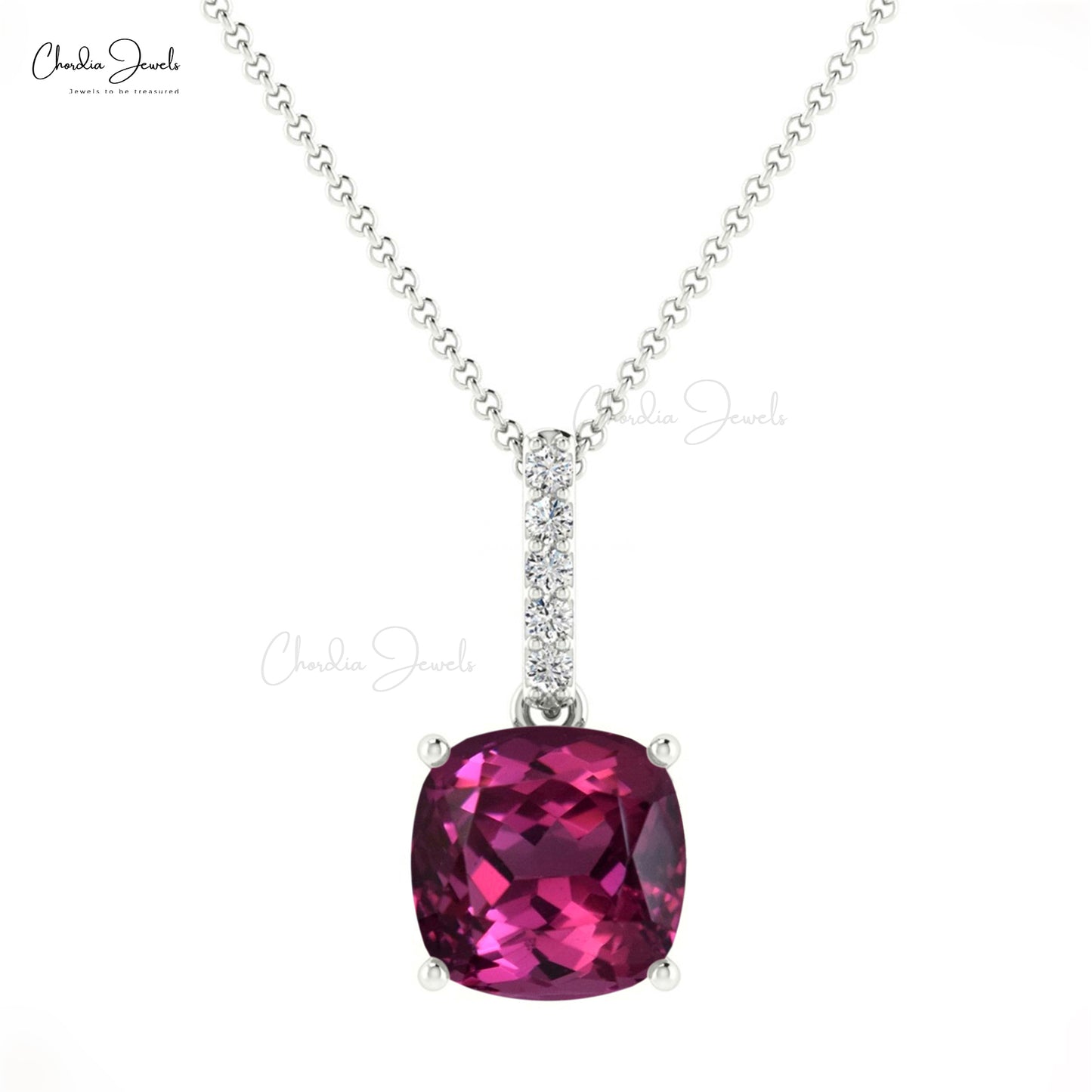 Fine Jewelry Rhodolite Garnet 14K Gold Pendant Necklace with I1-I2/G-H Diamonds