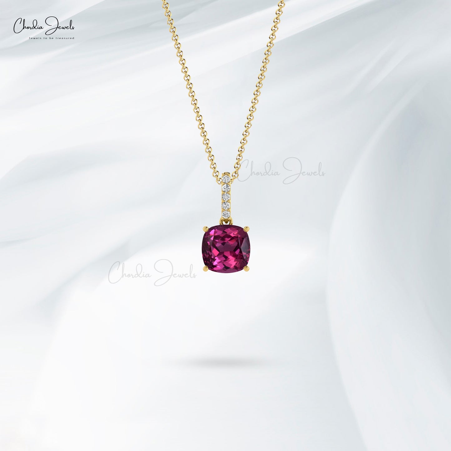 Fine Jewelry Rhodolite Garnet 14K Gold Pendant Necklace with I1-I2/G-H Diamonds