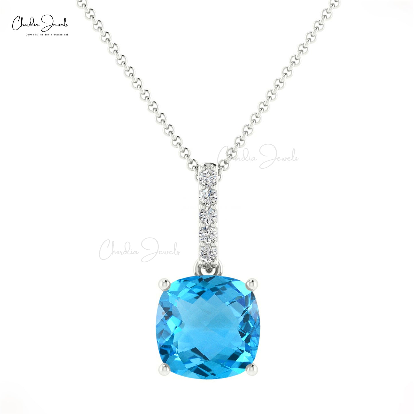 Genuine Gemstone Swiss Blue Topaz Pendant in 14K Gold with G-H Diamond