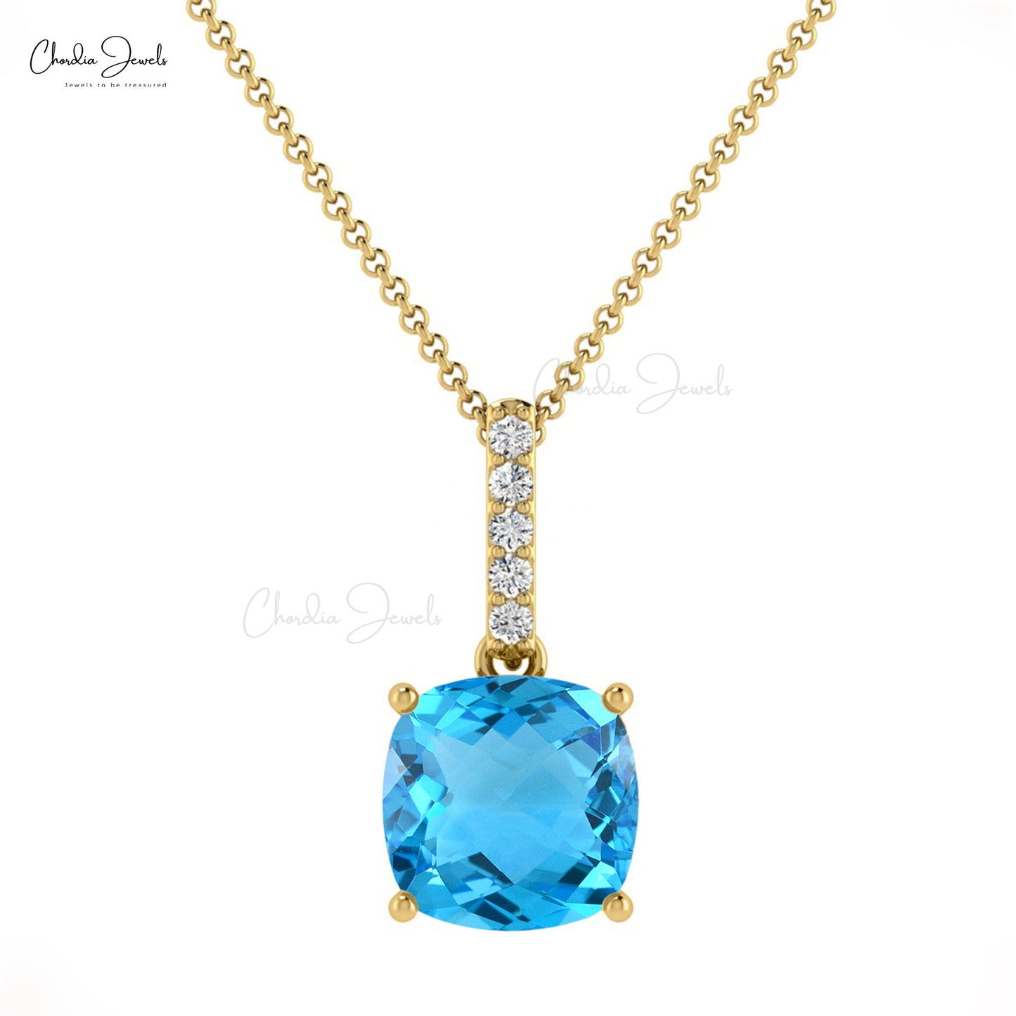 Genuine Gemstone Swiss Blue Topaz Pendant in 14K Gold with G-H Diamond