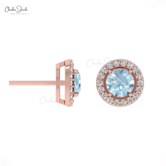 Minimalist Aquamarine & Round Diamond Halo Earrings in 14K Solid Gold